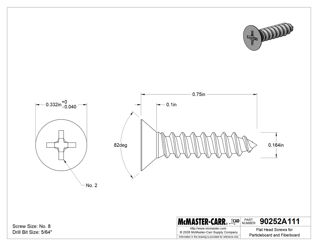 Technical Drawing of Flat Head Screws for Particleboard&Fiberboard, Black-Oxide Steel, Number 8 Size, 3/4" Long.